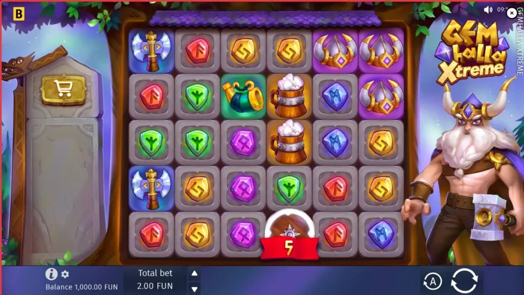 Visual bertema Norse dalam slot Gemhalla Xtreme dengan simbol Thor dan rune