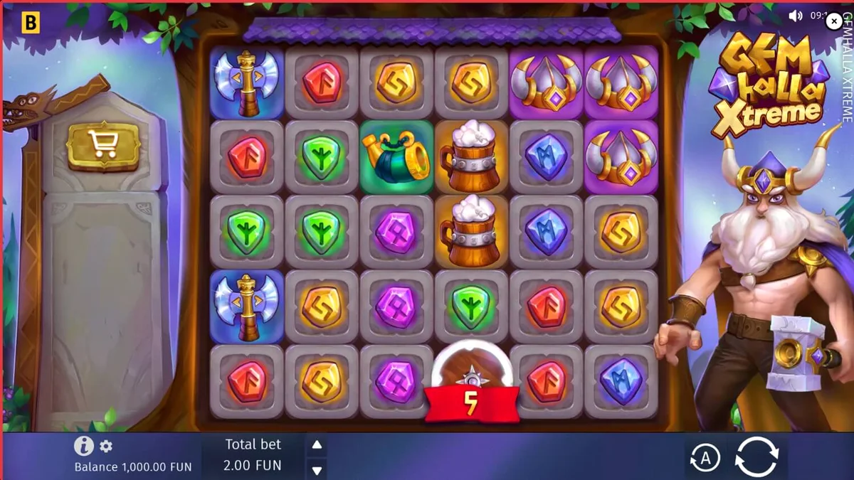 Visual bertema Norse dalam slot Gemhalla Xtreme dengan simbol Thor dan rune