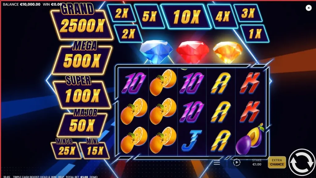 Tampilan layar slot Triple Cash Boost dengan tema neon futuristik di perangkat mobile