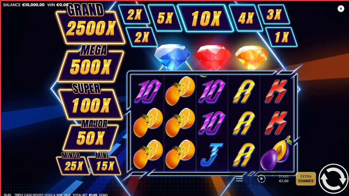 Tampilan layar slot Triple Cash Boost dengan tema neon futuristik di perangkat mobile
