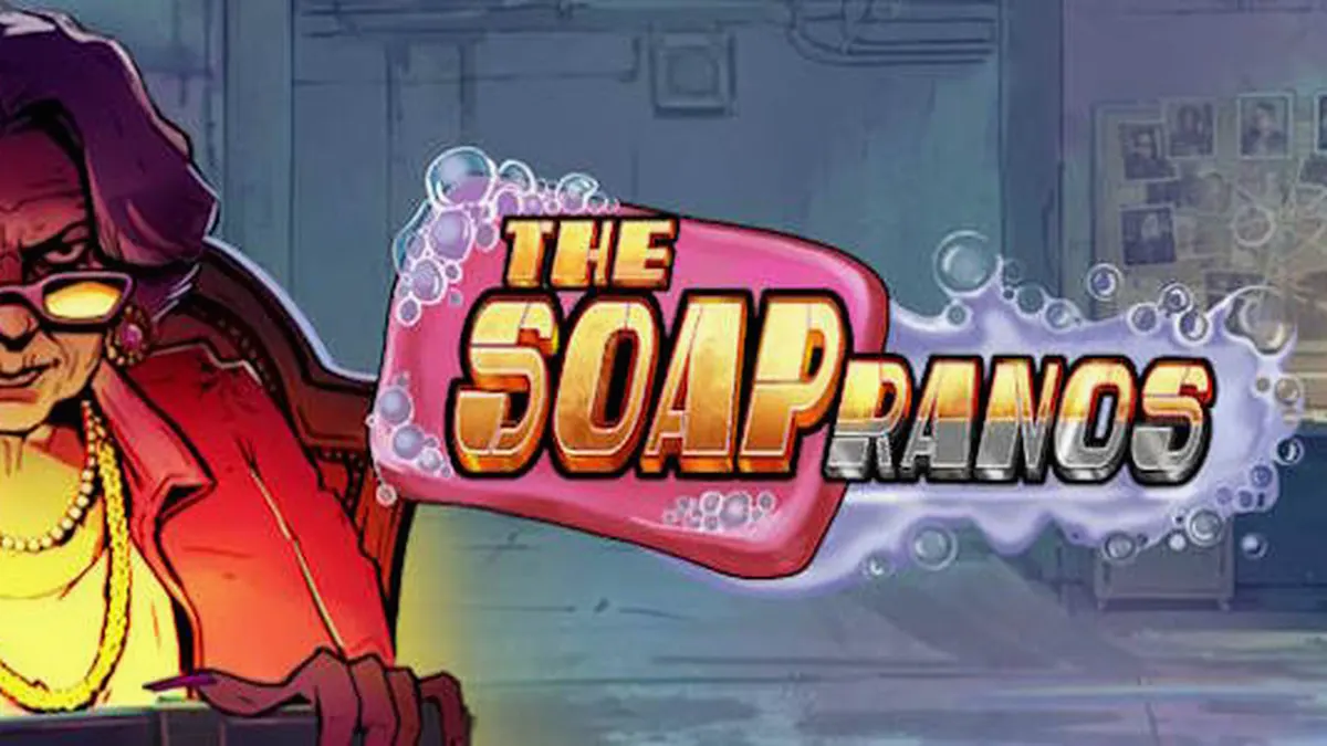 Tampilan antarmuka permainan slot Soapranos dengan elemen neon dan simbol yang dinamis.
